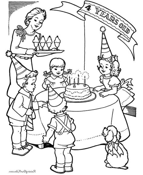 Little Girl Fourth Birthday Party Coloring Pages - NetArt Drawing Of Birthday Party, Birthday Scene Drawing, Party Drawing Ideas, Birthday Celebration Drawing, My Birthday Drawing, Drawing Birthday Party, Birthday Party Drawing, Birthday Party Coloring Pages, Celebration Drawing