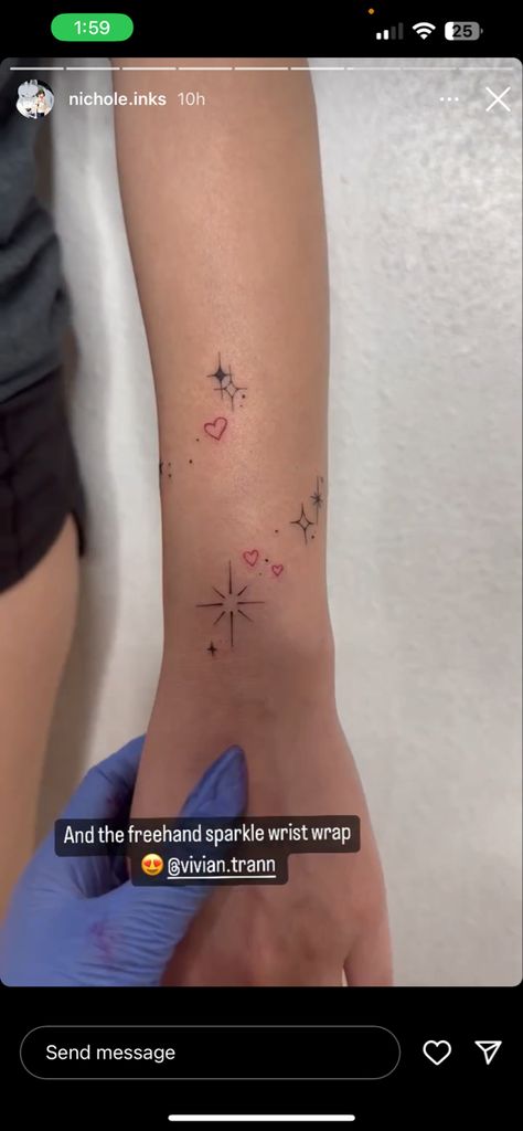 Constellation Wrap Around Tattoo, Wrist Wrapping Tattoos, Stars Wrapped Around Arm Tattoo, Wrist Sparkle Tattoo, Forearm Tattoo Women Stars, Star Tattoos On Arm, Star Wrap Around Tattoo, Sparkle Tattoo Wrist, Sparkle Wrist Tattoo