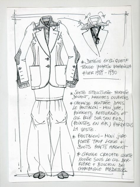 Maison Martin Margiela - A/W 1989 - Explanatory sketch for an outfit Margiela Sketches, Martin Margiela 90s, Margiela 90s, Dirk Van Saene, Margiela Archive, Website Presentation, Fashion Model Sketch, Deconstructivism, Dirk Bikkembergs