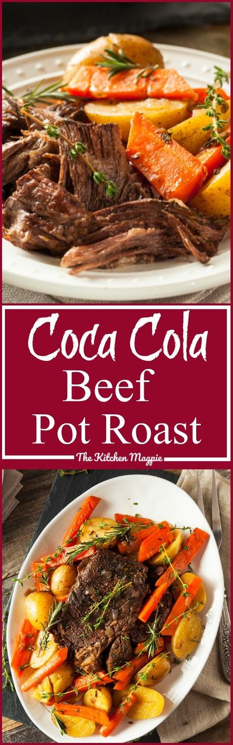 Beef Coca Cola Pot Roast AKA "Pop" Roast! This roast uses soda pop to make the gravy. I was so surprised at how delicious it was! A new fun favourite! from @kitchenmagpie #potroast #beef Pot Roast With Coke Slow Cooker, Chuck Roast Crock Pot Recipes, Roast Beef Crock Pot Recipes, Coke Recipes, Beef Roast Crock Pot, Crockpot Roast Recipes, Chuck Roast Recipes, Pot Roast Crock Pot Recipes, Beef Pot Roast