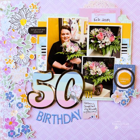 If you're going to scrapbook your 50th Birthday...this is the way to go! Katrina (who doesn't look 50 to us) used our Deco Foil Transfer Sheets as a beautiful way to accent her page. From making the BIG 5 0 numbers to using our Deco Foil Adhesive Pen to add golden foil accents to her flowers...it's amazing! Come see how she made that 5 0 look just as good as she does over on our blog! Scrapbooking Birthday Layouts Ideas, 50th Birthday Scrapbook Layouts, 40th Birthday Scrapbook Layouts, Birthday Scrapbook Layouts 2 Page, Disney 50th Anniversary Scrapbook Layouts, Scrapbook Multiple Photos, Birthday Photo Album, Birthday Scrapbook Layouts, Scrapbook Calendar