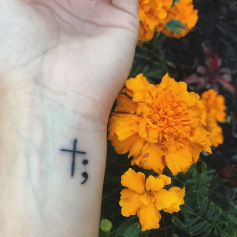 Cross with semicolon tattoo   My first tattoo!! Cross Semi Colon Tattoo, Simecolen Tattoo, Cross And Semi Colon Tattoos For Women, Cross Semicolon Tattoo, Semi Colon Cross Tattoo Ideas, Semi Collen Tattoo, Attractive Tattoos, Cross Shoulder Tattoos, Semicolon Tattoos