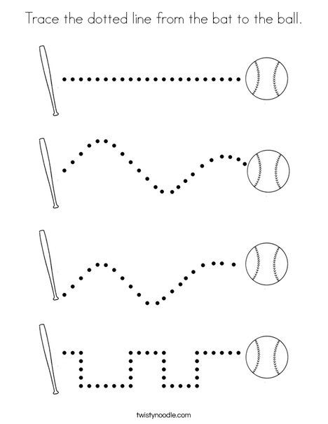 Trace the dotted line from the bat to the ball Coloring Page - Twisty Noodle Soccer Ball Crafts Preschool, Baseball Preschool Activities, Ball Art Preschool, Sports Lesson Plans, Sport Themed Crafts, Baseball Activities, Creative Curriculum Preschool, Sports Theme Classroom, Nursery Crafts