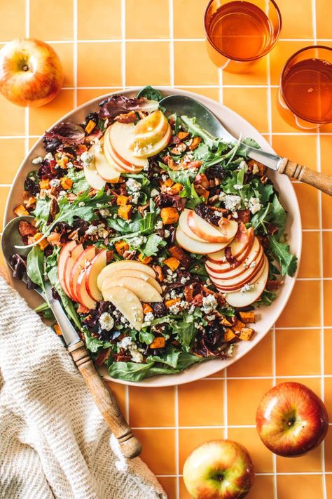 This Fall Harvest Salad is like autumn in a bowl - crisp apple, tender sweet potato, smoky bacon, tangy blue cheese, sweet cranberries and crunchy pecans - tossed with an apple cider vinaigrette. It's healthy enough for meal prepped lunch yet gorgeous enough to serve throughout the holiday season! #harvestsalad #fallsaladrecipes #holidayrecipes Holiday Meal Prep, Fall Harvest Salad, Perfect Salad Recipe, Apple Cider Vinaigrette, Autumn Salad Recipes, Cider Vinaigrette, Harvest Salad, Sweet Potato And Apple, Warm Salad