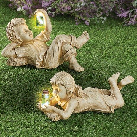 Children with Solar Powered Fireflies Garden Statues | Collections Etc. Firefly Jar, Decorative Solar Lights, Fireflies In A Jar, Solar Lighting, Firefly Lights, Solar Powered Lights, The Secret Garden, Garden Accents, Solar Garden