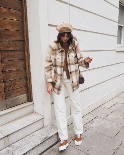 White Utility Jumpsuit, Winter White Outfit, Shacket Outfit, Long Quilted Coat, White Jeans Outfit, White Denim Jacket, White Accessories, Plaid Coat, Winter Fashion Outfits