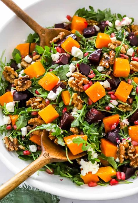 Spicy arugula, roasted beets and butternut squash mixed with crunchy walnuts, and creamy goat cheese. All drizzled with an incredible Orange Vinaigrette dressing! Simple lunch recipe, dinner salad or quick pick me up for those cold winter days. #beets #butternutsqaush #healthysaladrecipes Substantial Salads, Beets And Butternut Squash, Quinoa Salad Recipes Healthy, Orange Vinaigrette Dressing, Butternut Squash Salad Recipes, Butternut Squash Recipes Healthy, Salad Arugula, Orange Dressing, Dressing Simple