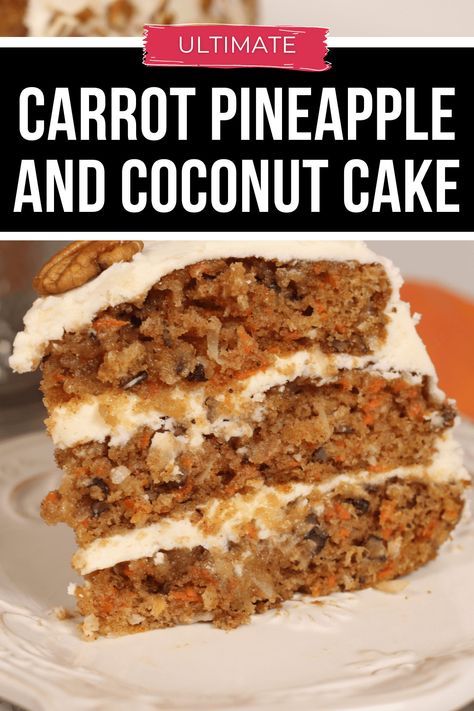 This Ultimate Carrot Cake with Pineapple and Coconut is a dream come true! This isn't your average carrot cake – it's a flavor explosion that combines the warm spices of classic carrot cake with the juicy sweetness of pineapple and the delightful chew of coconut. Carrot Cake Pineapple Coconut, Carrot Cake Recipe With Pineapple And Coconut, Carrot Cake Without Nuts Recipe, Pineapple Spice Cake, Organic Carrot Cake, Best Carrot Cake Recipe With Pineapple And Coconut, Carrot Coconut Cake, Hawaiian Carrot Cake, Keto Pineapple Cake