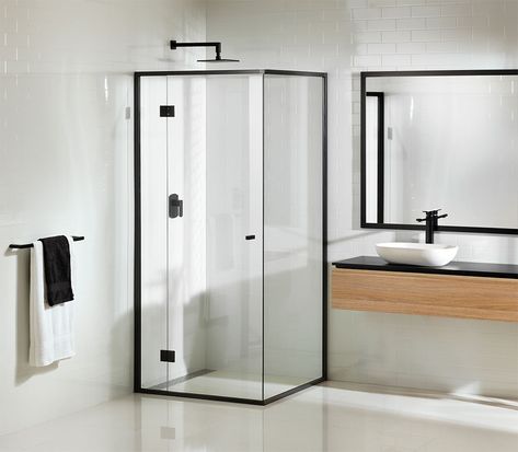 Onyx Black Semi Frameless Shower Screen with Hinged Door Black Frame Shower Screen, Semi Frameless Shower Screen, Framed Shower Screen, Black Shower Screen, Semi Frameless Shower, Shower Options, Frameless Shower Screen, Black Showers, Semi Frameless Shower Doors