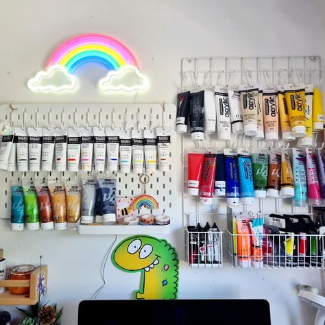 This makes me so happy 😊 🌈 I've put my paint on peg boards on the wall above my desk so I can now see what I have. This colourful wall just brings me a lot of joy 😊 #FionaRheinbergArt #artistspace #myspace #artstudio #wherethemagichappens #acrylicpaints #studiosetup Peg Boards, Artistic Space, You Are Home, Big Windows, Studio Setup, My Desk, Peg Board, Wall Colors, So Happy