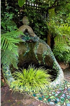 Gaudi inspired, mosaic tiled water feature Mosaic River, Moonlit Path, Mosaic Water, Christchurch Nz, Mosaic Garden Art, Witch Garden, Christchurch New Zealand, Art Mosaic, Water Features In The Garden