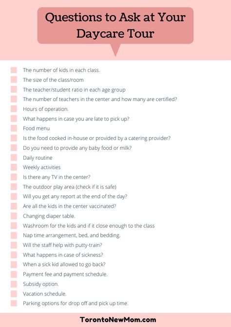 Daycare Checklist For Parents, Daycare Tour Questions, Daycare Center Organization, Questions To Ask Daycare Provider Infant, Daycare Tips For Parents, Daycare Interview Questions, Daycare Questions To Ask, Working At A Daycare, Questions To Ask Daycare