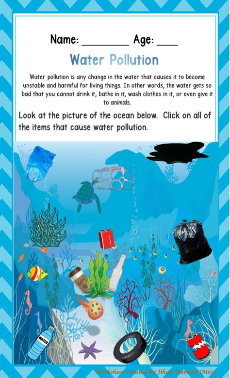 Water Pollution - Interactive worksheet Water Pollution Activity, Ocean Pollution Activities For Kids, What Is Water Pollution, Water Pollution Project Ideas, Pollution Worksheets For Kids, Water Pollution Activities For Kids, Types Of Pollution Poster, Water Pollution Worksheet, Water Pollution Activities