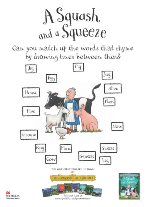 A Squash And A Squeeze, Gruffalo Activities, Julia Donaldson Books, Axel Scheffler, Gruffalo's Child, Julia Donaldson, Rhyming Activities, Activity Sheets For Kids, The Gruffalo