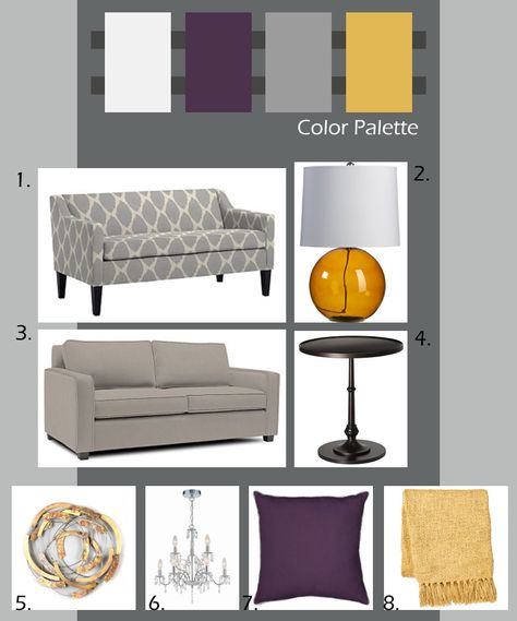 i like the idea of using this color palette, with shades of eggplant to lavender, and mustard to candleglow. :) Bedroom Colour Schemes Blue, Mustard Living Rooms, Purple Living Room, Therapist Office, Colour Combos, Modern Victorian, Colour Ideas, Yellow And Purple, Bedroom Color Schemes