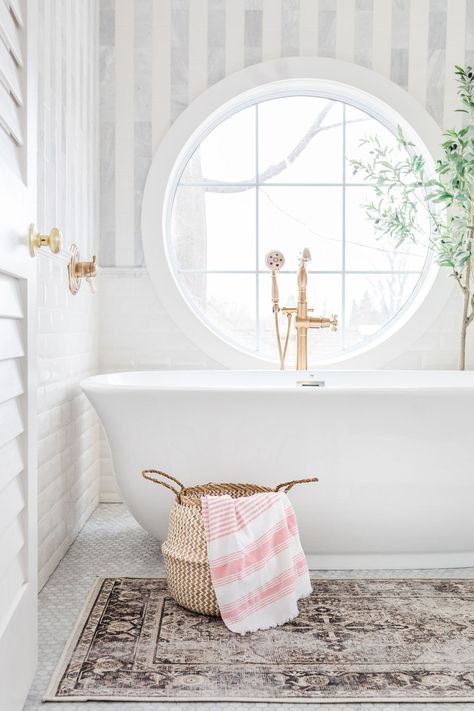 Marble Tile Stripes and Round Window Bathroom Reveal - The Leslie Style Bathroom With Round Window, Round Window Bathroom, Modern French Country Exterior, Gif Studio, Stable House, Feminine Bathroom, Modern Boho Bathroom, Coastal Chic Style, Window Bathroom