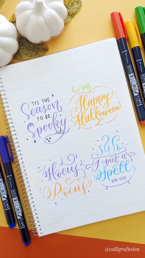 Show 4 different Halloween lettering ideas using brush pens. Fall Hand Lettering Quotes, Halloween Lettering Ideas, Happy Halloween Calligraphy, October Hand Lettering, Creative Lettering Quotes, Hand Lettering Quotes Doodles, Halloween Calligraphy Hand Lettering, Halloween Hand Lettering, Pumpkin Lettering