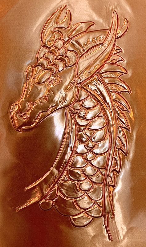 Metal embossed dragon on Copper, Copper Embossing Ideas, Metal Carving Design, Copper Foil Art, Metal Repousse, Copper Tooling, Copper Diy Projects, Etched Metal Jewelry, Copper Embossing, Metal Tooling