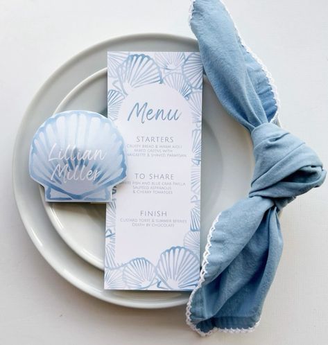 Marine Theme Wedding, Shell Theme Wedding, Sailor Theme Wedding, Beach Side Wedding Decor, Baby Shower 2025 Ideas, Coastal Wedding Details, Ocean Bridal Shower Ideas, Beachy Bridal Shower Ideas, Coastal Seating Chart