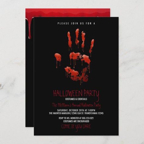 Bloody Handprint Halloween Party Invitation #zazzle #weddinginvitations #birthdayinvitations #babyshowerinvitations #zazzleinvitations #monogram #businesscards #graduation #homedecor Horror Themed Birthday Party, Handprint Halloween, Fall Parties, Annual Halloween Party, Halloween Birthday Invitations, Halloween Party Invitation, Halloween Party Invitations, Creepy Halloween, Halloween Invitations