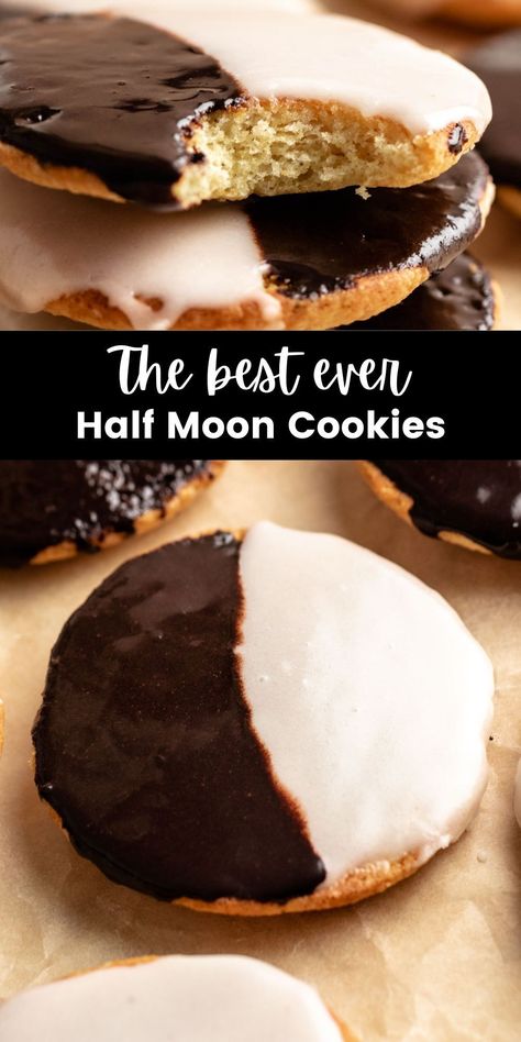 These half moon cookies are pillowy soft cookies with half chocolate half vanilla icing which creates this iconic New York cookie! Halfmoon Cookies Recipes, Vanilla Half Moon Cookies, Eclipse Snacks, Moon Cookies Recipe, Half Moon Cookies Recipe, Half Moon Cookies, Holiday Recipes Christmas Desserts, Cookies Bakery, Strawberry Shortcake Cookies