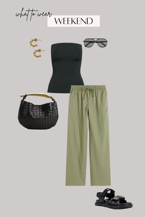 weekend ootd, linen pants outfit, tube top, green pants outfit, gold hoop earrings, city outfit, chicago outfit, fashion style inspo, coffee run, brunch outfit, aritzia, bottega, relaxed beach pant Green Linen Pants, Green Pants Outfit, Bottega Bag, Chicago Outfit, Linen Pants Outfit, Bottega Veneta Bag, Twisted Hoop Earrings, City Outfits, Hoop Earrings Gold