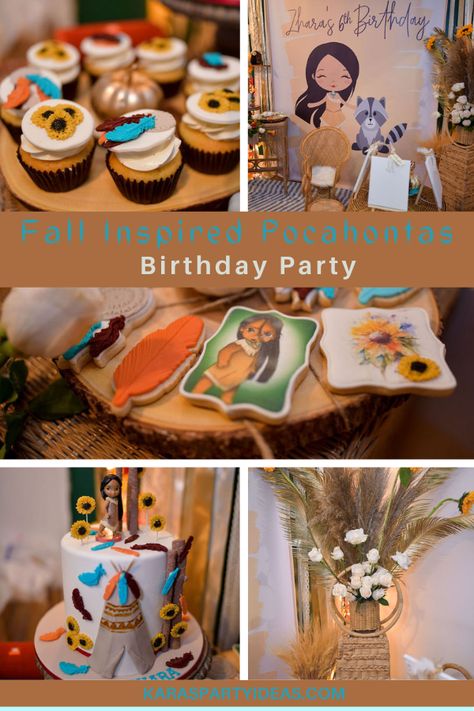 Kara's Party Ideas Fall Inspired Pocahontas Birthday Party | Kara's Party Ideas Boho Tables, Warm Fall Color Palette, Pocahontas Birthday Party, Pocahontas Birthday, Pocahontas Meeko, Canvas Table, Sunflower Cupcakes, Dried Floral Arrangements, Cake Cute