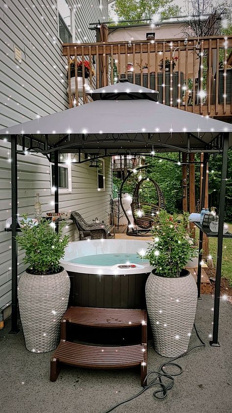 Hot Tub Lounge Area, Diy Backyard Hot Tub, Hot Tub On Gravel Ideas, Portable Spa Ideas Backyards, Easy Hot Tub Ideas Backyard, Portable Jacuzzi Ideas, Hot Tub Cabana Ideas, Inflatable Hot Tub Ideas Backyard Set Up, She Shed Hot Tub Ideas