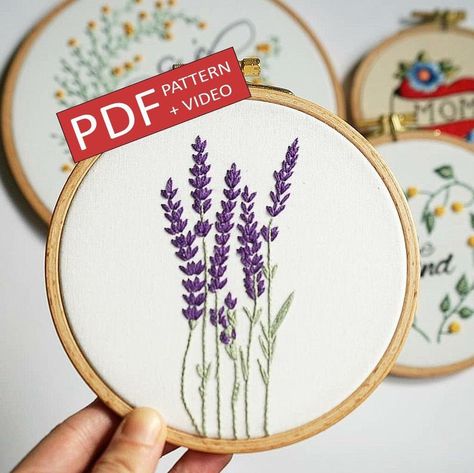 Lavender Pdf Embroidery Pattern for Beginners Modern | Etsy Embroidery Hoop Designs, Diy Embroidery Kit, Bee Embroidery, Embroidery Template, Floral Embroidery Patterns, Learn Embroidery, Creative Embroidery, Hand Embroidery Pattern, Modern Embroidery