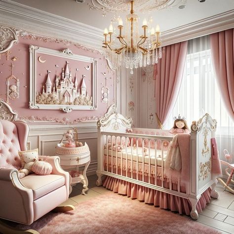 Disney Princess Nursery Ideas, Elegant Baby Nursery, Princess Nursery Theme, Princess Nursery Room, Pink Nursery Room, Pink Baby Room, Disney Princess Room, Nana Jacqueline