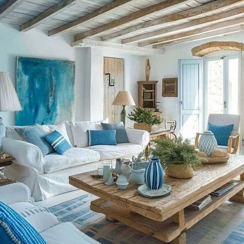 Greek Style Home, Mediterranean Style Interior, Mediterranean Style Living Room, Living Room Mediterranean, Mediterranean Living Rooms, Mediterranean Living Room, Apartment Simple, Mediterranean Interior Design, Beach Living Room