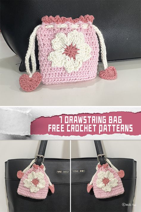 7 Drawstring Bag Crochet Patterns - FREE - iGOODideas.com Crochet Drawstring Pouch Pattern Free, Drawstring Bag Crochet, Crochet Drawstring Pouch, Crystal Crochet, Crochet Craft Fair, Crochet Drawstring Bag, Drawstring Bag Pattern, Crochet Drawstring, Japanese Knot Bag