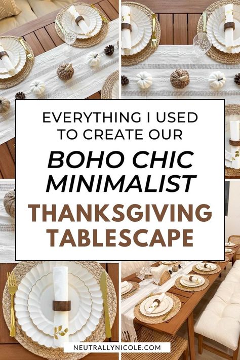 boho chic minimalist thanksgiving tablescape decor idea Minimalist Fall Tablescape, Boho Thanksgiving Decor, Modern Fall Table Decor, Boho Thanksgiving, Minimalist Thanksgiving, Boho Chic Minimalist, Simple Fall Decor, Decor Minimal, Thanksgiving Tablescape