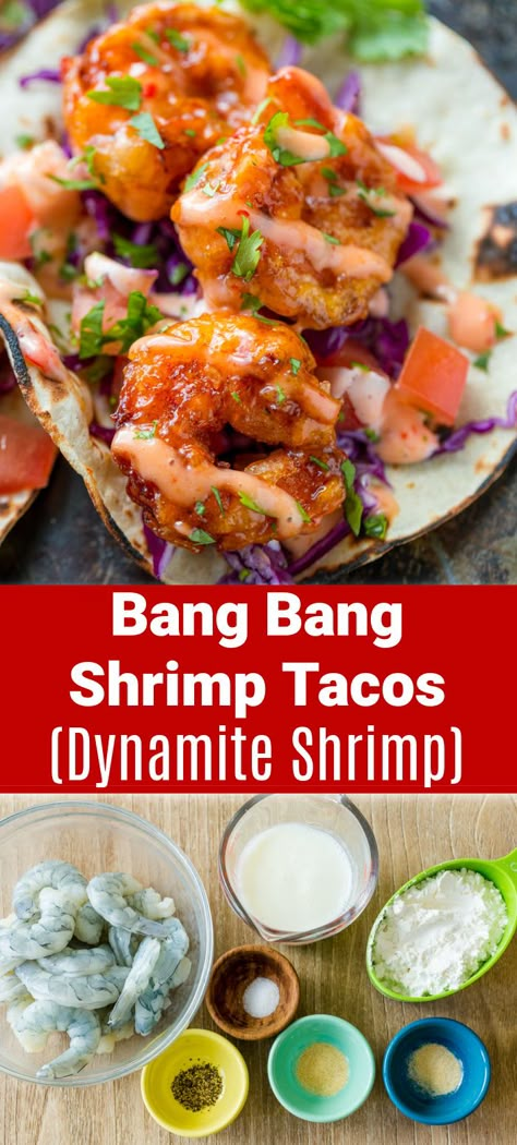 Bang Bang Shrimp are crispy, creamy, sweet, and spicy. They are so satisfying served as Bang Bang Shrimp Tacos drizzled with that famous sauce. Thai Chili Shrimp Tacos, Dynamite Shrimp Tacos, Thai Shrimp Tacos, Shrimp Siracha Recipes, Sweet Thai Chili Shrimp Tacos, Pow Pow Shrimp, Dynamite Shrimp Bowl, Dynamite Shrimp Sauce, Shrimp Dynamite Recipe