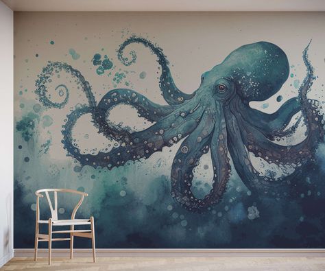 Watercolour Octopus, Wallpaper In Bathroom, Octopus Wallpaper, Tree Wallpaper Mural, Octopus Wall Art, Van Gogh Almond Blossom, Watercolor Ombre, Sand Textures, Clay Wall Art