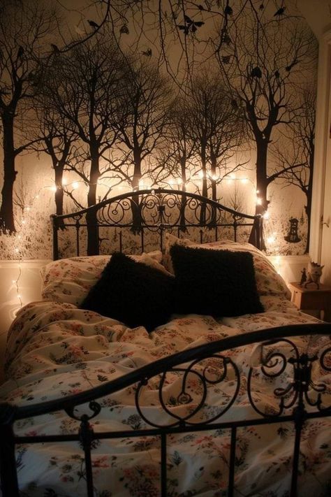 Dark Fairy Bedroom Ideas, Fairy Goth Decor, Whimsical Bed Frame, Witchy Headboard, Diy Goth Headboard, Gothic Master Bedrooms Decor, Dark Girly Bedroom, Whismgothic Bedroom, Dark Fairy Bedroom