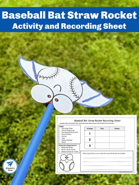 Baseball Bat Straw Rocket Activities and Recording Sheet - JDaniel4s Mom Rocket Activities, Straw Rockets, Straw Rocket, Baseball Activities, Preschool Science Activities, Family Projects, Free Printable Activities, Baseball Theme, Preschool Printable