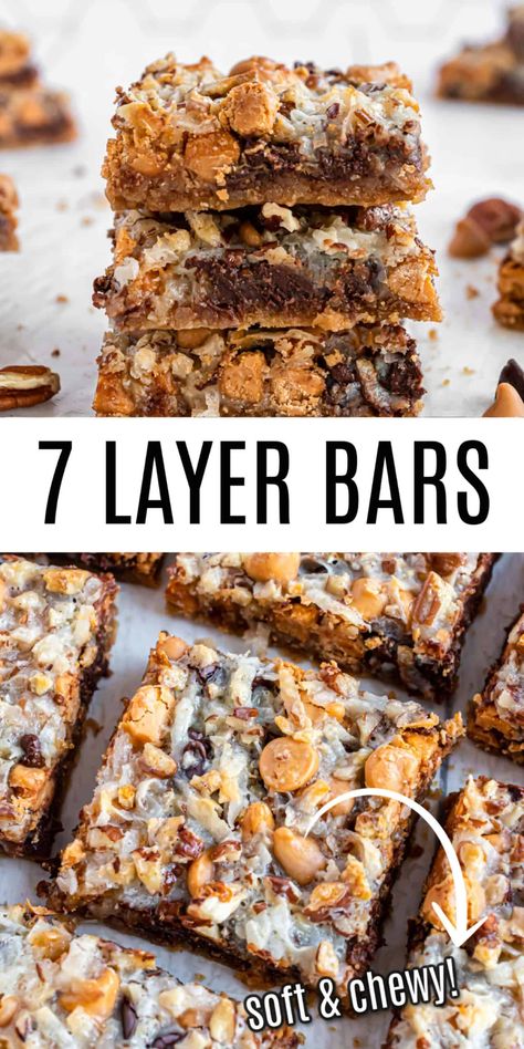 7 Layer Cookie Bars Recipe topped with coconut, pecans, chocolate and butterscotch. You'll love this easy Magic Bar recipe any time of year! 7 Layer Cookie Bars, Layer Cookie Bars, Seven Layer Cookies, 7 Layer Cookies, Gooey Desserts, Magic Bars Recipe, Seven Layer Bars, Magic Cookie Bar Recipe, 7 Layer Bars