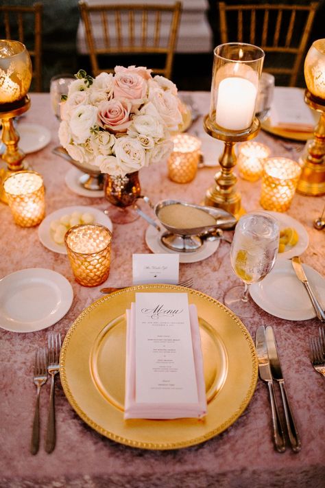 Gold Chargers Wedding, Napkin Photography, Blush Wedding Reception, Restaurant Hostess, Pink Wedding Receptions, Gold Table Setting, Wedding Table Designs, Inside Weddings, Gold Chargers