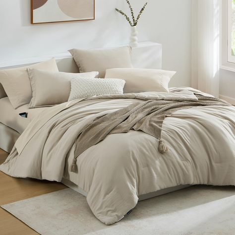 PRICES MAY VARY. 【Exquisite & Minimalist & Fashion】WRENSONGE comforter and sheets adopt a contrasting color design, more unique. Simple solid color appearance with fashionable colors. Our king comforter set can easily be paired with any style of bedroom. Adding some relaxed and warm atmosphere to your bedroom. 【7 Pieces King Size Comforter Set with Sheets】1 King Comforter 102" x 90", 2 Pillow Shams 20" x 36", 1 King Fitted Sheet 78" W x 80" L +14"（There is a fitted pocket for easy storage）, 1 Ki Comforters For Couples, King Size Bed Sets Comforter, Oatmeal Color Bedding, White And Oatmeal Bedding, Taupe And White Bedding, Bed Comforter Sets Modern, Farmhouse Bedroom Comforter Sets, Neutral Farmhouse Bedding, Oatmeal Colored Bedding