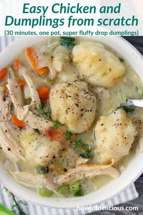 This easy chicken and dumplings have homemade, from scratch taste only 30 MINUTES! Using pre-made broth and rotisserie chicken cuts way down on the cooking time. And the super fluffy dumplings are seasoned with just a hint of fresh thyme that sets it over the edge. #chickenanddumplings #comfortfood #chickenrecipes #dumplings Chicken And Dumplings From Scratch, Dumplings From Scratch, Easy Chicken And Dumplings, Chicken Dumplings Recipe, Homemade Chicken And Dumplings, Dumpling Soup, Dumpling Recipe, Chicken And Dumplings, Chili Sauce