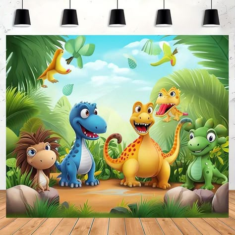 Animal Themed Birthday Party, Baby Background, Jungle Photography, Dinosaur World, Park Party, Background Birthday, Rainforest Animals, Birthday Party Background, Cake Table Decorations