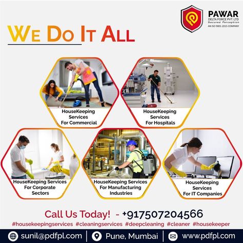 We Do It All Housekeeping services for commercial, Hospitals, Corporate Sectors, Manufacturing Industries, and IT Companies For housekeeping services contact: https://www.pdfpl.com/best-housekeeping-services-in-pune-mumbai.html #housekeepingservices #houseclean #housecleaning #cleaningservices #homeclean #cleaning #housekeeping Housekeeping Services, Cleaning Service Flyer, Hotel Cleaning, Photoshop Tutorial Typography, Delta Force, Clinic Design, Facility Management, Recruitment Agencies, Professional Cleaning Services