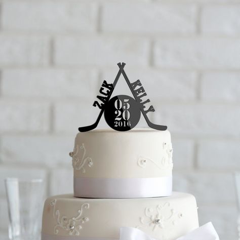 Hockey theme Wedding or Anniversary Cake Topper Personalized in Black Acrylic CT00041 Hockey Wedding Photos, Hockey Wedding Theme, Hockey Wedding Cake, Hockey Wedding, Hockey Cakes, Sports Themed Wedding, Anniversary Cake Topper, Sport Theme, Square Wedding Cakes