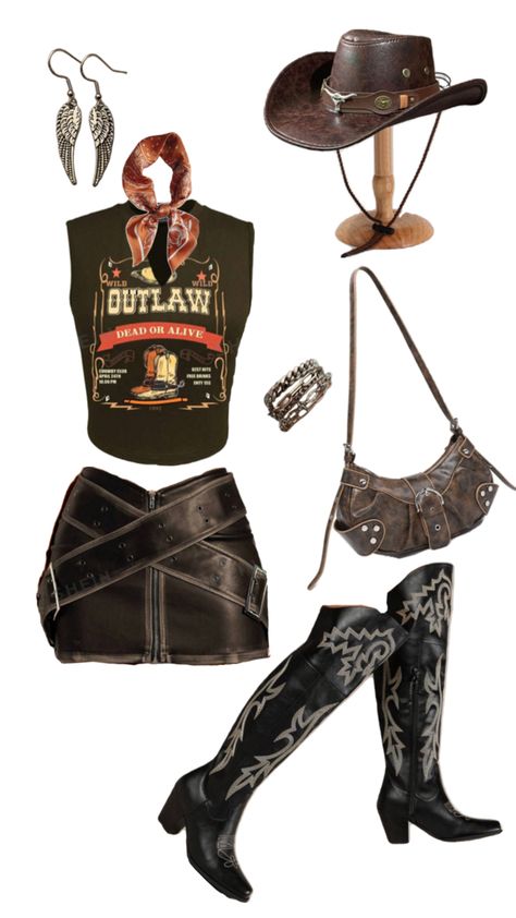 Western cowgirl boho festival and concert outfit idea inspo party nashville country Fringe Country Outfits, Cowgirl Outfits Chaps, Gigi Hadid Cowgirl, Cowgirl Outfit For Concert, Summer Cowboy Outfits For Women, Country Bandana Outfit, Biker Cowgirl Outfit, Boho Country Party, Cowprint Outfit Ideas Western