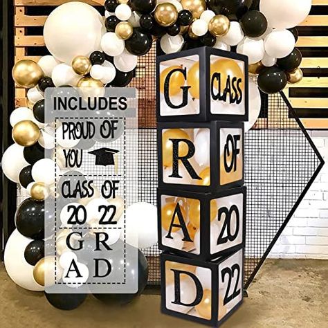 Balloon Boxes, Graduation Box, College Graduation Party, Senior Graduation Party, Black And Gold Balloons, Graduation Party Diy, Black Balloon, Graduation Party Themes, Balloon Box