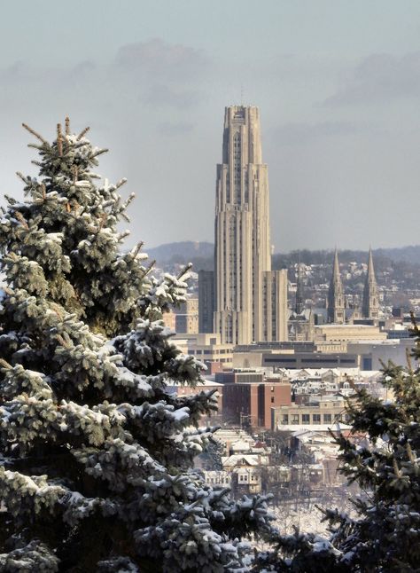 Cathedral of learning in the winter Frank Zouloufos Pittsburgh Wallpaper, Pitt Aesthetic, Pitt University, Cathedral Of Learning, College Core, Pittsburgh Skyline, Allegheny County, Rust Belt, University Of Pittsburgh