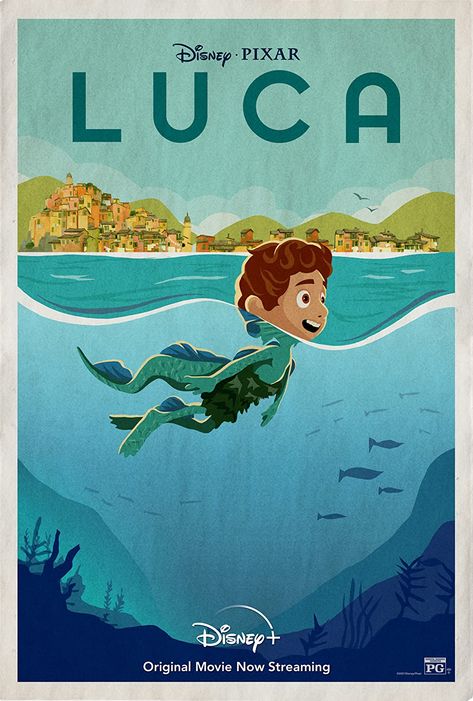 Luca Giulia, Vintage Disney Posters, Pixar Party, Disney Original Movies, Disney Minimalist, Up Pixar, Animated Movie Posters, Lucas Movie, Wall Pics