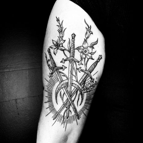 Three Of Swords Two Of Swords Tattoo, 3 Musketeers Tattoo, Three Swords Tattoo, Swords Back Tattoo, Three Musketeers Tattoo, 3 Swords Tattoo, Swords Tattoos, Three Swords Tattoo Design, 3 Of Swords Tattoo