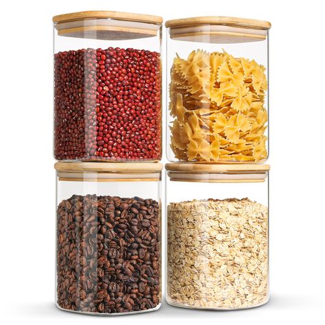 PRICES MAY VARY. [Home for Your Food] The glass food storage jar with lids are perfect to store cookies, candy, flour, rice, beans, spice, cereals, salt, spices, seasonings etc. [ Stackable & Easy to Clean] The glass jar with bamboo lid can be stackable when necessary for space saving storage or lined up in your kitchen or pantry, meeting all your storage needs and avoid the further cabinet clutter. With 4" wide mouth design, which can be easily washed by hand. [Moistureproof] Bamboo lid with si Flour Container, Square Glass Jars, Food Canisters, Glass Storage Containers, Verre Design, Jar Storage, Glass Jars With Lids, Glass Storage Jars, Kitchen Storage Containers